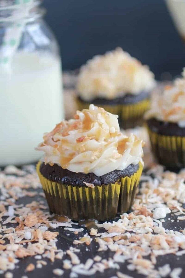 Toasted coconut caramel chocolate cupcakes