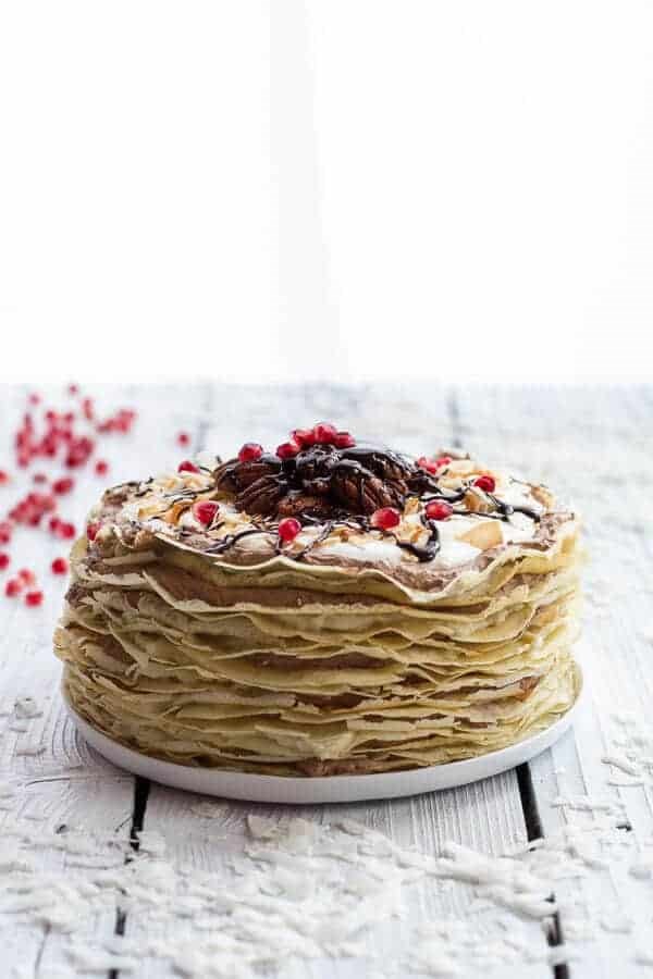 Toasted coconut cream rum and chocolate mousse crepe cake