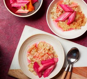 Toasted coconut rice pudding with cardamom poached rhubarb