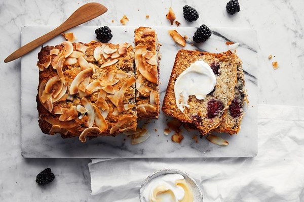 Toasted coconut, salted lemon and blackberry loaf