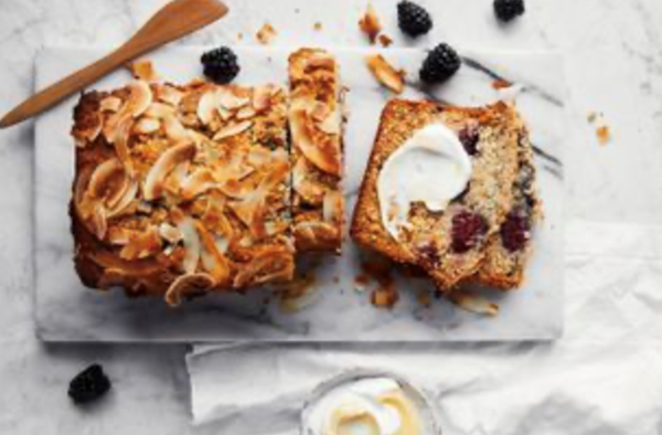 Toasted coconut, salted lemon and blackberry loaf
