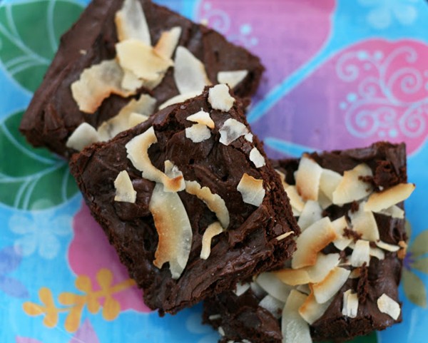 Toasted coconut topped bittersweet brownies