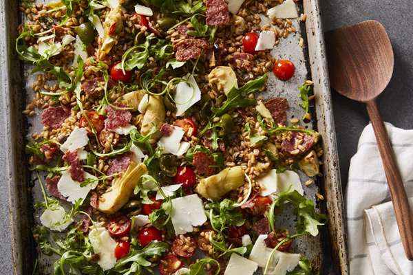 Toasted farro & antipasto salad [red wine-anchovy vinaigrette]