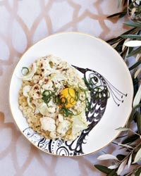 Toasted farro and scallions with cauliflower and egg