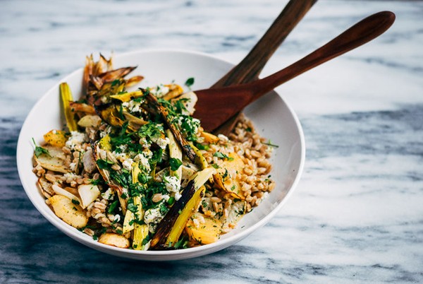 Toasted farro salad with roasted leeks and root vegetables