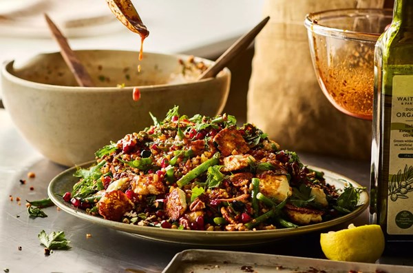 Toasted feta & pecan grain salad with cherries, green beans and herbs