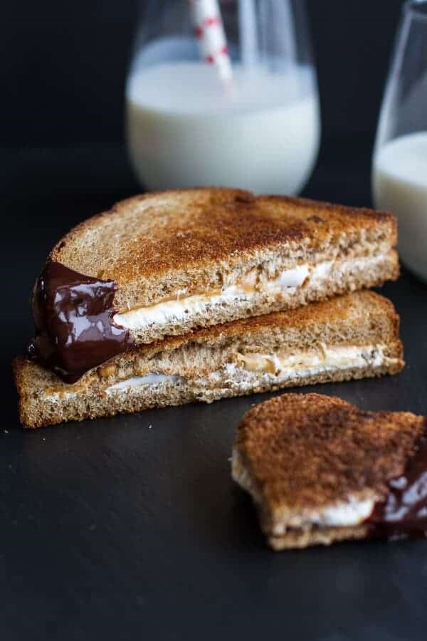 Toasted fluffernutters with Cabernet chocolate fondue
