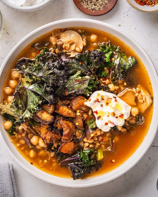 Toasted grain soup with crispy mushrooms and kale