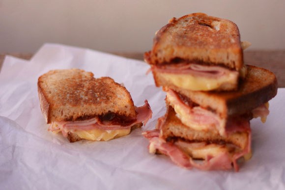 Toasted ham, Brie, tomato & sultana chutney sandwich