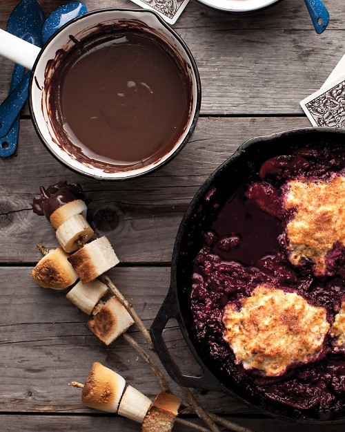 Toasted marshmallow, charred bread, and banana sticks with chocolate fondue