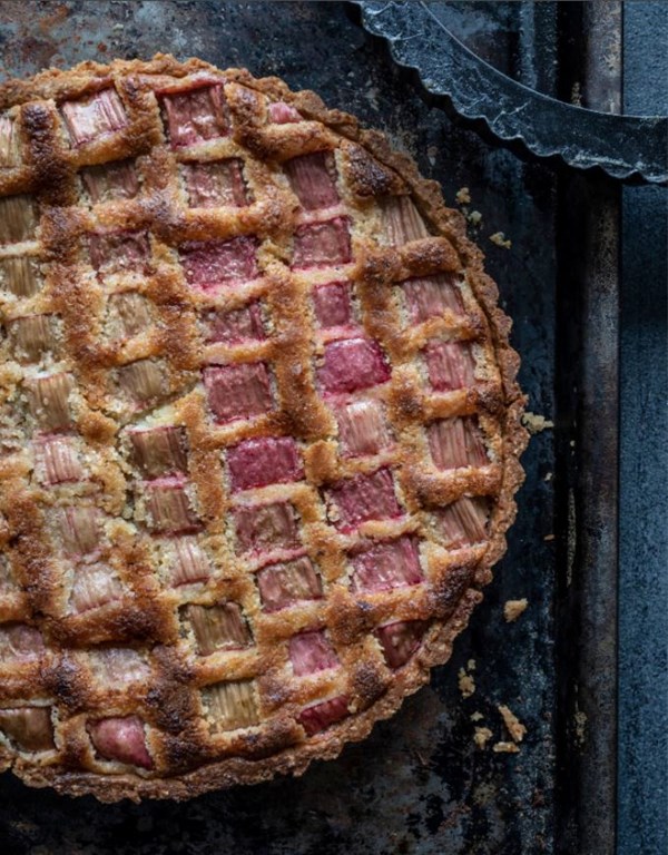 Toasted oat, rhubarb and cardamom frangipane tart