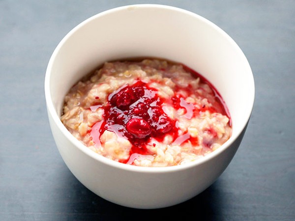 Toasted oatmeal with maple syrup, cranberries, and raspberries