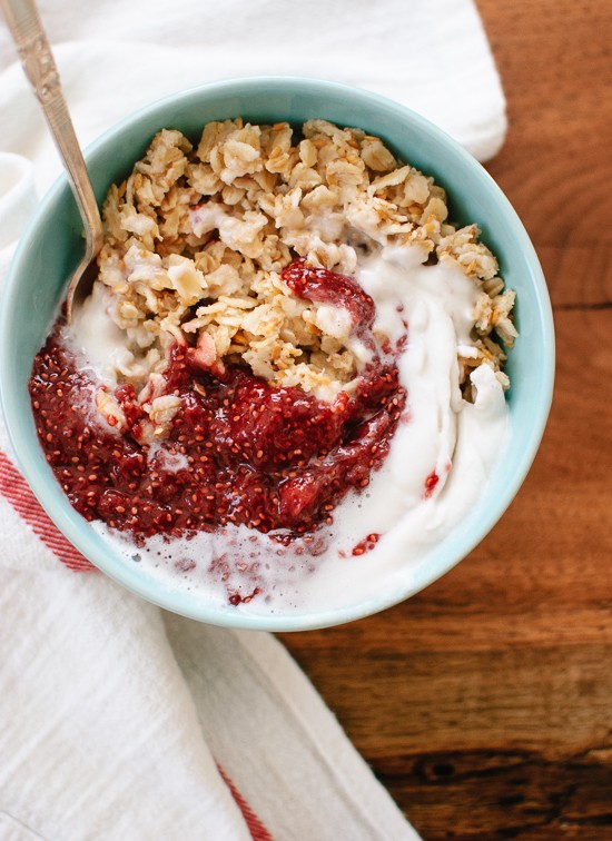 Toasted oatmeal with strawberry chia jam and coconut whipped cream