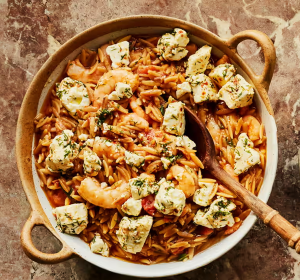 Toasted orzo with prawns, ouzo and marinated  feta