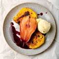 Toasted panettone with Barolo poached pears