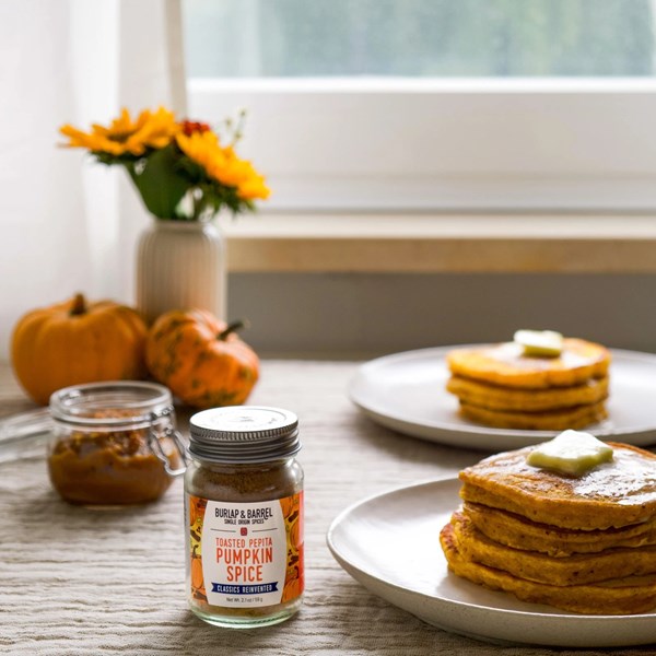 Toasted pepita pumpkin spice pancakes and pumpkin butter