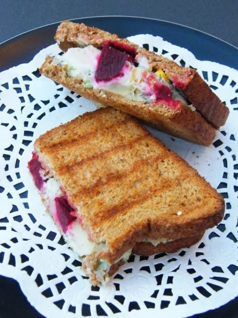 Toasted potato and beet sandwich