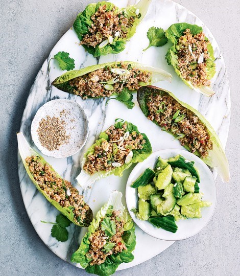 Toasted quinoa and pork larb with smashed cucumber