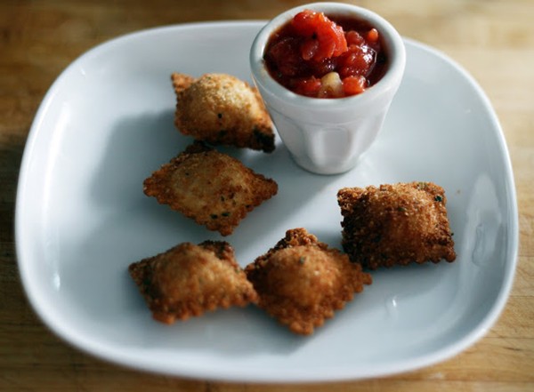 Toasted ravioli with a warm tomato dipping sauce
