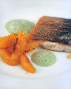 Toasted sea bass and oranges with basil yoghurt