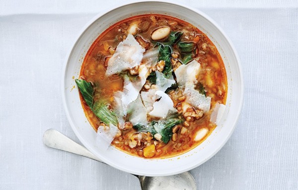 Toasted spelt soup with escarole and white beans
