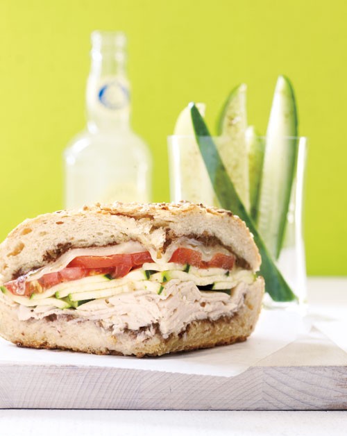 Toasted turkey sandwich with quick cucumber pickles