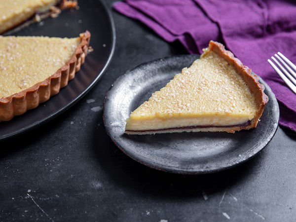 Toasted white sesame tart with bittersweet chocolate ganache