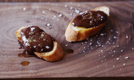 Toasts with chocolate, olive oil, and sea salt