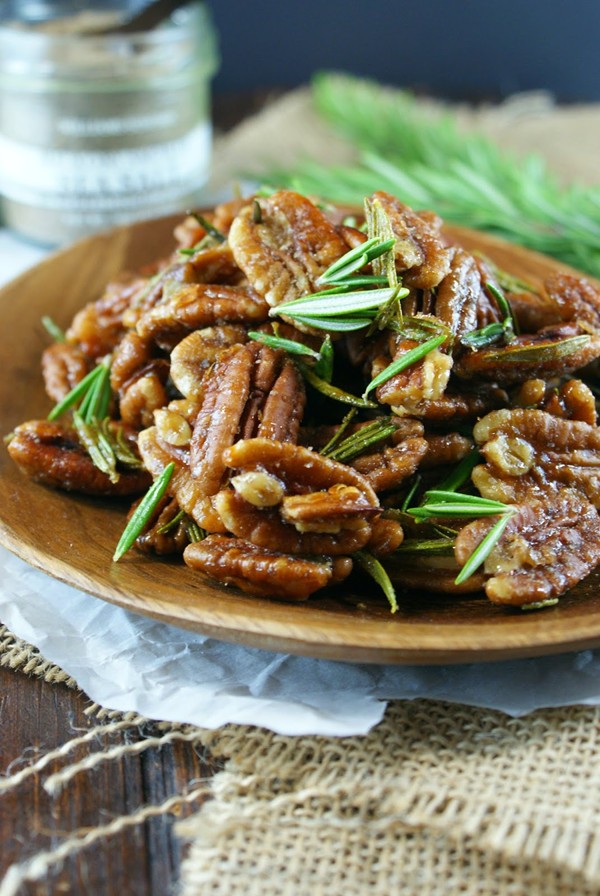 Toasty pecans with garden rosemary, honey, and smoked salt