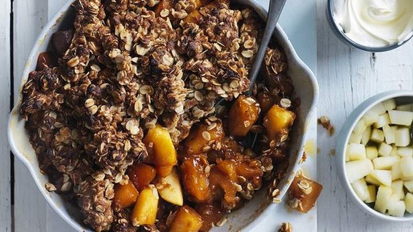 Toffee apple crumble with pickled pears and sour cream