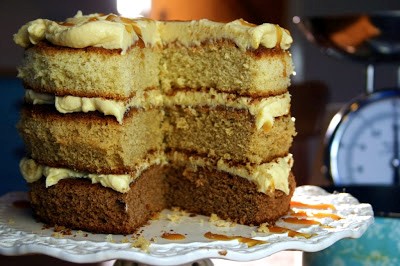 Toffee, coffee and vanilla naked layer cake with salted toffee whipped cream icing