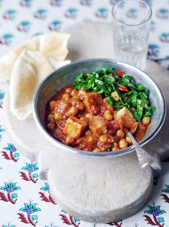 Tofu & chickpea curry with spring greens
