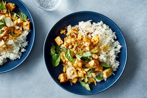 Tofu and cabbage stir-fry with basil 