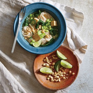 Tofu and edamame noodle bowl with caramelized coconut broth