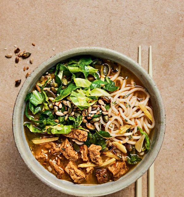 Tofu and greens noodle bowl