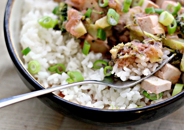 Tofu braised in rhubarb sauce