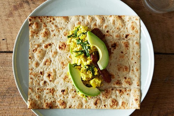 Tofu breakfast burrito with tempeh bacon