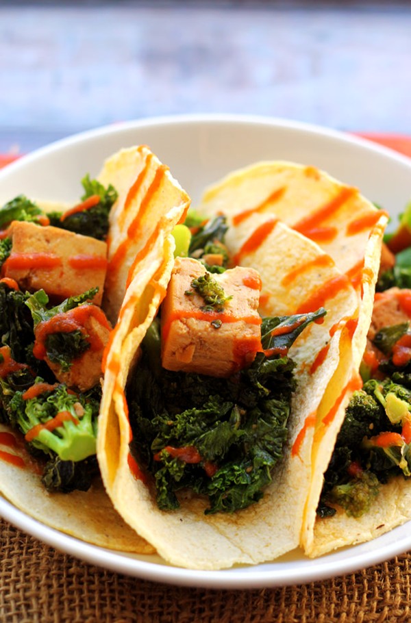 Tofu, broccoli, and kale teriyaki tacos