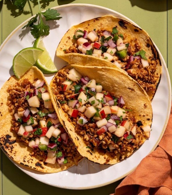 Tofu carnitas tacos with apple salsa