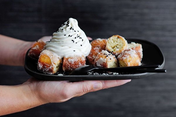 Tofu doughnut bites with soy milk soft serve