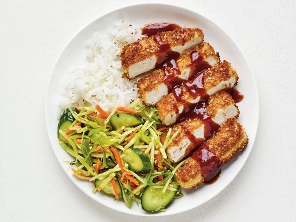Tofu katsu with broccoli slaw