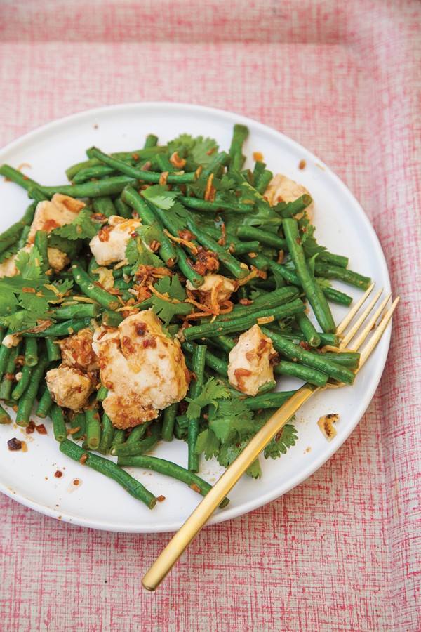 Tofu, long bean, and crispy shallot salad with black bean vinaigrette
