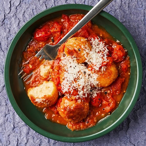 Tofu meatballs in burst tomato sauce 