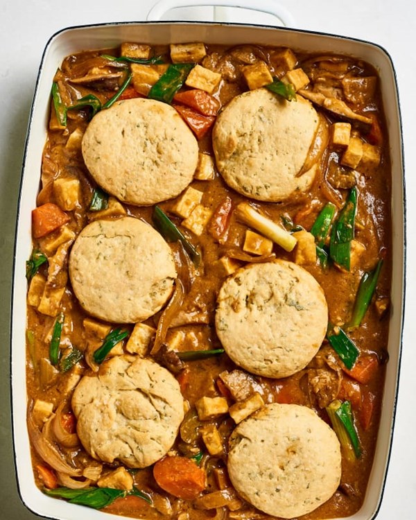 Tofu-miso stew casserole with sage biscuits
