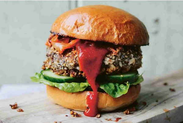 Tofu, mushroom and sesame burgers with kimchi