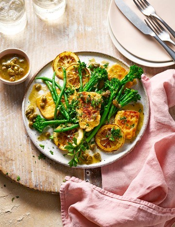 Tofu piccata with greens