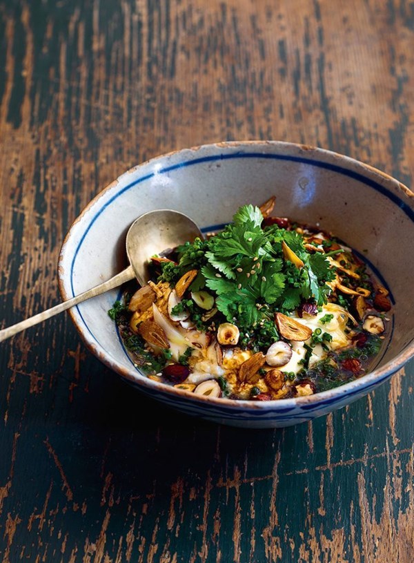Tofu salad with nuts and herbs