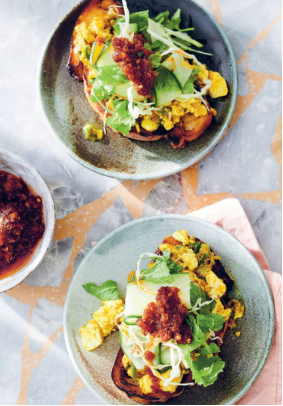 Tofu scramble with shredded cabbage & chilli sambal on sourdough toast