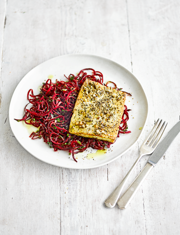 Tofu steak with beetroot noodles and dukkah