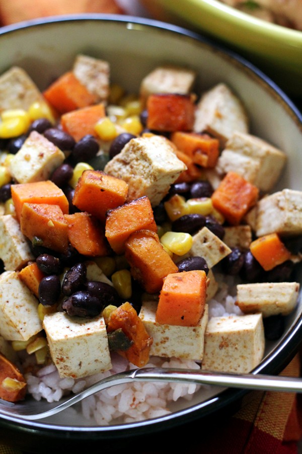 Tofu, sweet potato, and black bean vegetarian burrito bowls